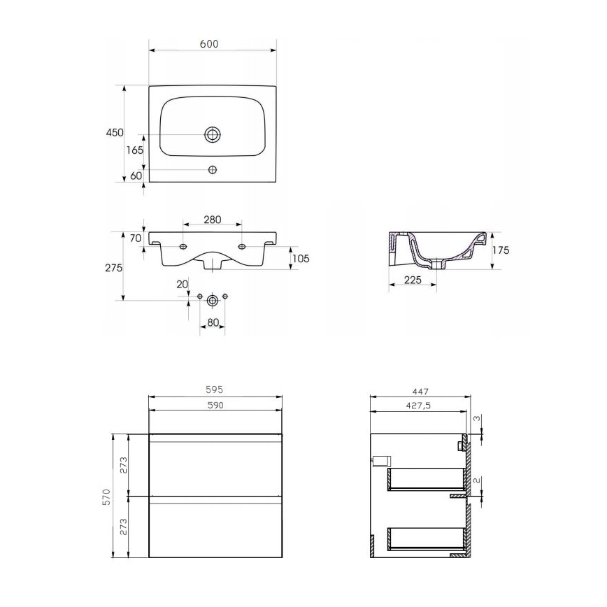 Cersanit S801-223-DSM - Κρεμαστή ντουλάπα μπάνιου με νιπτήρα MEDDIE 62x60 εκ. γυαλιστερό λευκό