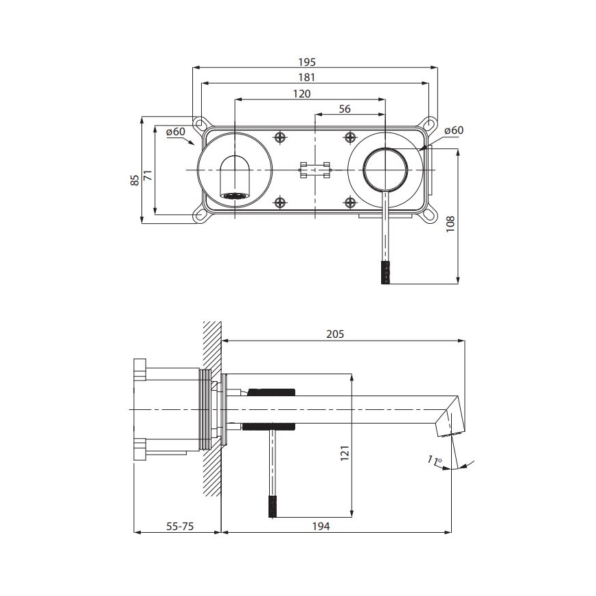 Cersanit S951-597 - Μπαταρία νιπτήρος εντοιχισμού ZEN μαύρο