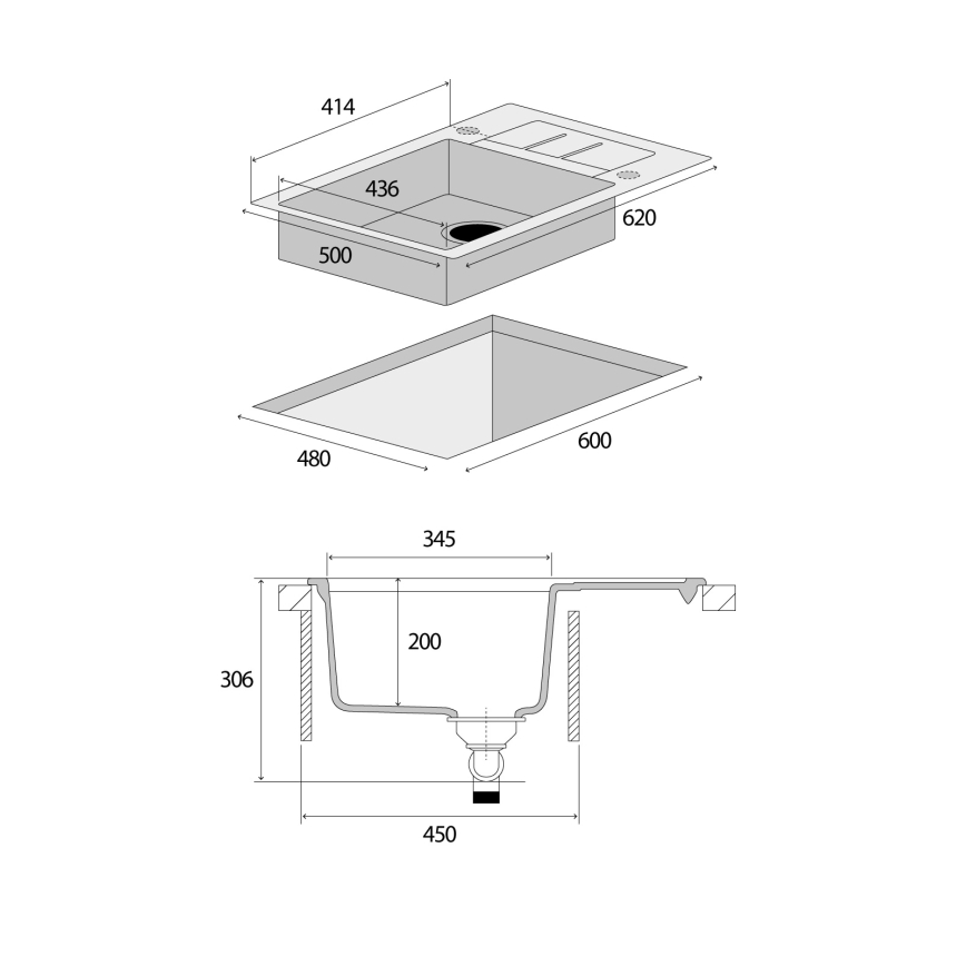 Concept DG05C45DG - Νεροχύτης κουζίνας CUBIS 50x62 cm γρανίτης/σκούρο γκρι