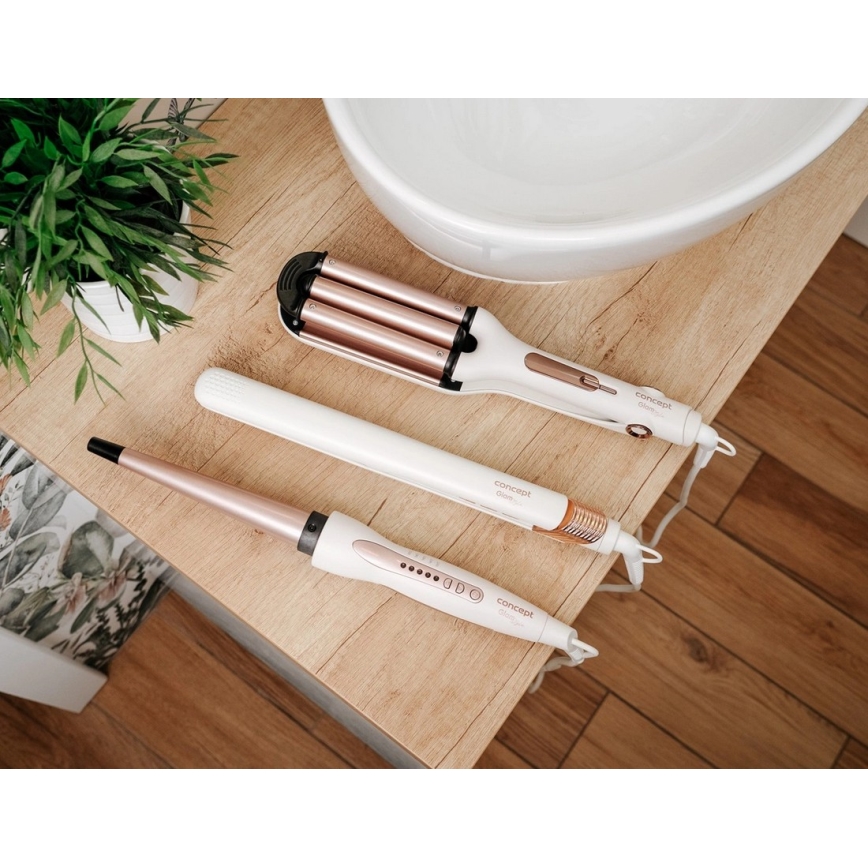 Concept KT2140 - Τριπλό ψαλίδι για μπούκλες GLAM STYLE 100W/230V λευκό/ροζ χρυσό