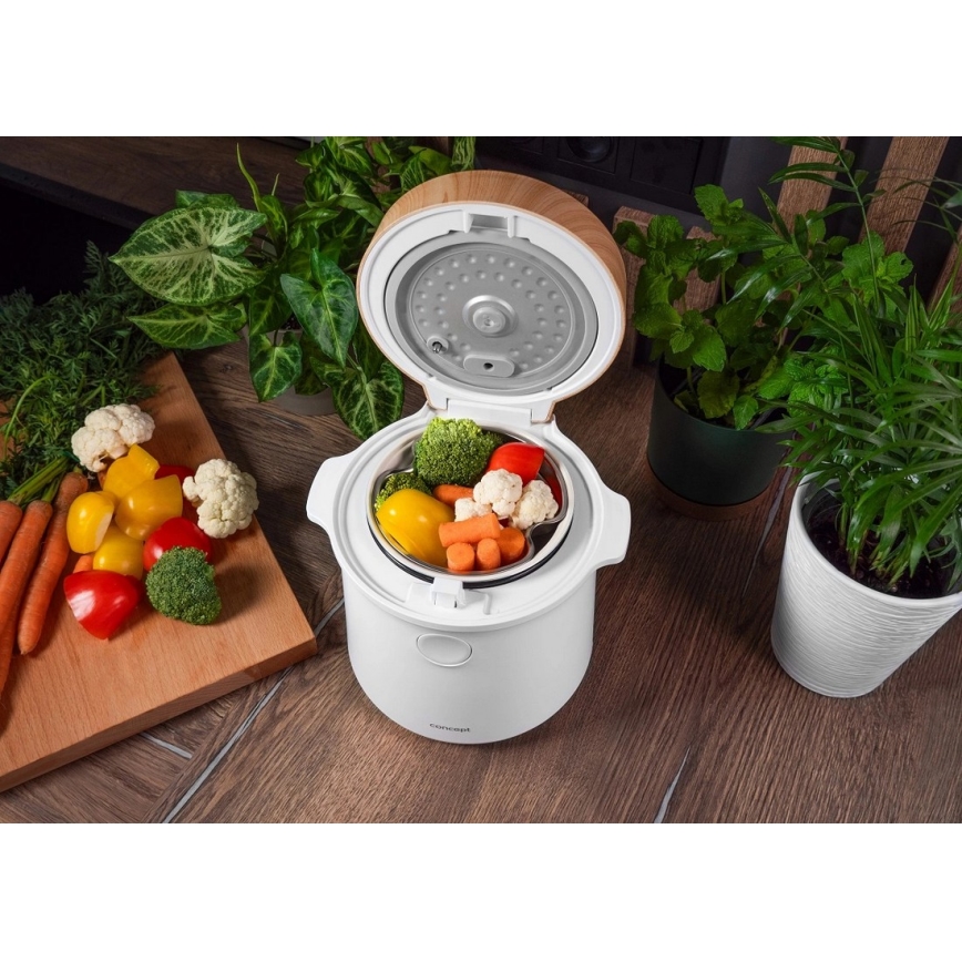 Concept RE3030 - Ψηφιακός ρυζομάγειρας 2-σε-1 380W/230V 1,5 l λευκό/εφέ ξύλου