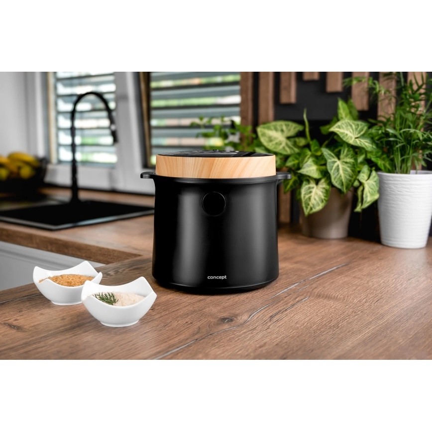 Concept RE4040 - Ψηφιακός ρυζομάγειρας 2-σε-1 450W/230V 2 l μαύρο/διακόσμηση ξύλου