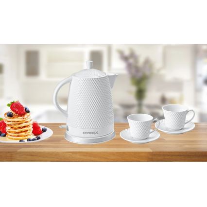Concept RK0040 - Ηλεκτρικός βραστήρας 1,5 l 1500W/230V λευκός/κεραμικός + 2 φλιτζάνια με πιατάκια