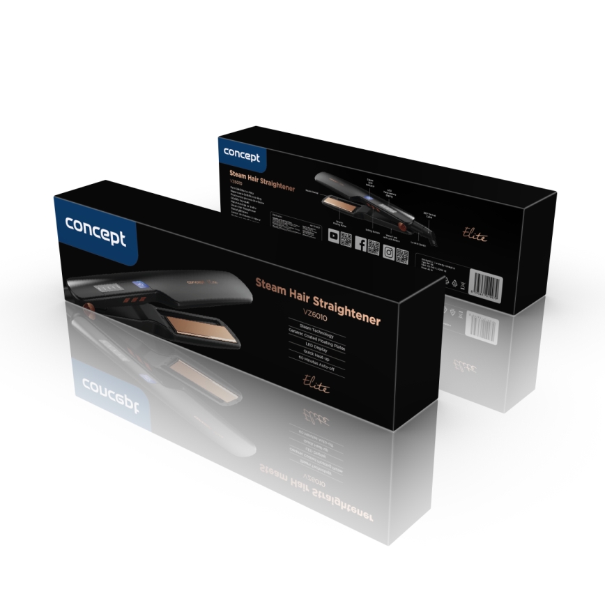 Concept VZ6010 - Πρέσα μαλλιών με οθόνη LED ELITE STEAM BOOST 54W/230V μαύρο