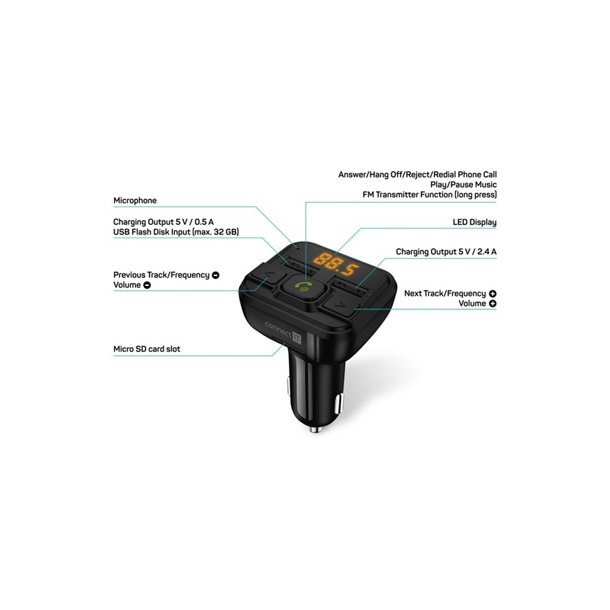 CONNECT IT CCC-8600-BK - Πομπός αυτοκινήτου FM με λειτουργία hands-free μαύρο