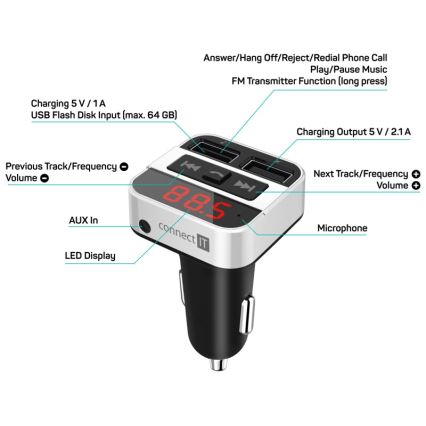 CONNECT IT CCC-8800-SL - Πομπός αυτοκινήτου FM με λειτουργία hands-free μαύρο/ασημί