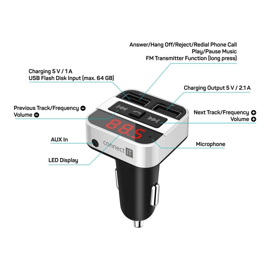 CONNECT IT CCC-8800-SL - Πομπός αυτοκινήτου FM με λειτουργία hands-free μαύρο/ασημί