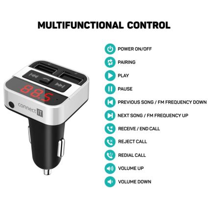 CONNECT IT CCC-8800-SL - Πομπός αυτοκινήτου FM με λειτουργία hands-free μαύρο/ασημί