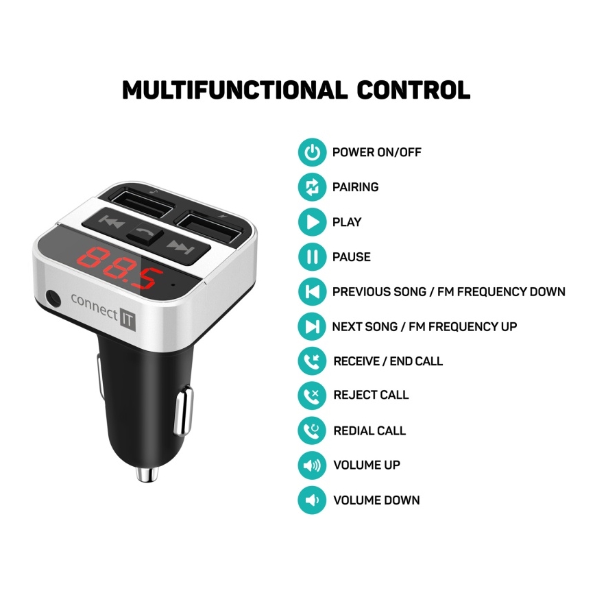 CONNECT IT CCC-8800-SL - Πομπός αυτοκινήτου FM με λειτουργία hands-free μαύρο/ασημί