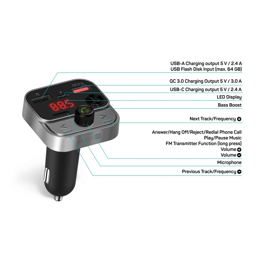 CONNECT IT CCC-8900-AN - FM πομπός αυτοκινήτου με λειτουργία handsfree, μαύρο/ασημί