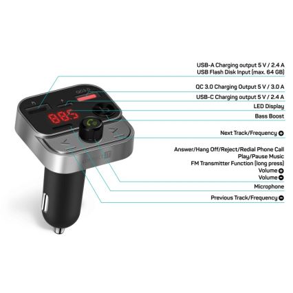 CONNECT IT CCC-8900-AN - Πομπός αυτοκινήτου FM με λειτουργία hands-free μαύρο/ασημί