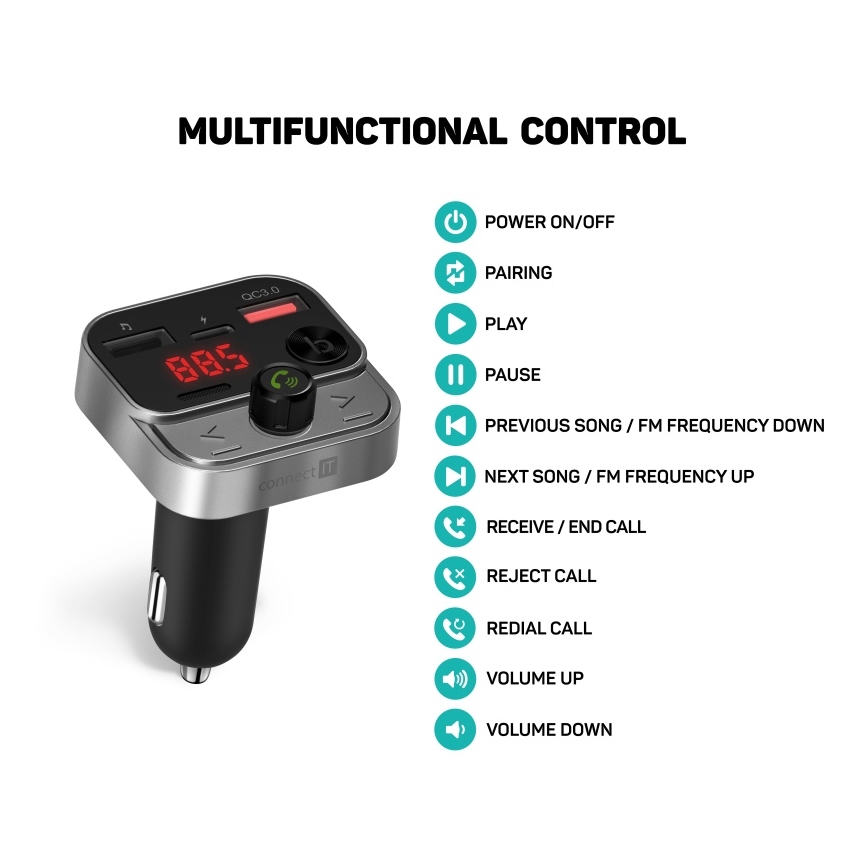 CONNECT IT CCC-8900-AN - Πομπός αυτοκινήτου FM με λειτουργία hands-free μαύρο/ασημί
