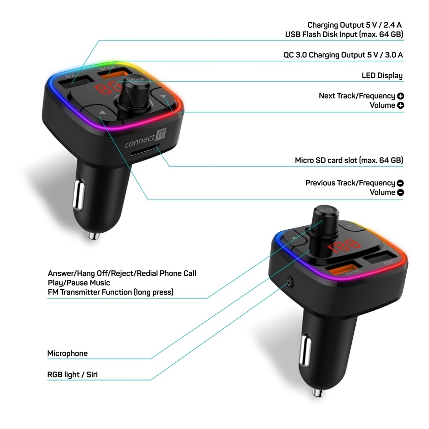 CONNECT IT CCC-9090-BK - LED RGB Πομπός αυτοκινήτου FM με λειτουργία hands-free μαύρο
