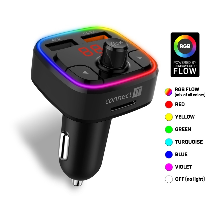 CONNECT IT CCC-9090-BK - LED RGB Πομπός αυτοκινήτου FM με λειτουργία hands-free μαύρο