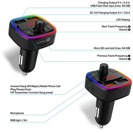 CONNECT IT CCC-9090-BK - LED RGB Πομπός αυτοκινήτου FM με λειτουργία hands-free μαύρο