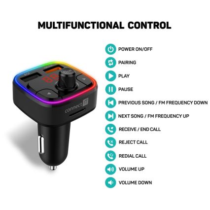 CONNECT IT CCC-9090-BK - LED RGB Πομπός αυτοκινήτου FM με λειτουργία hands-free μαύρο