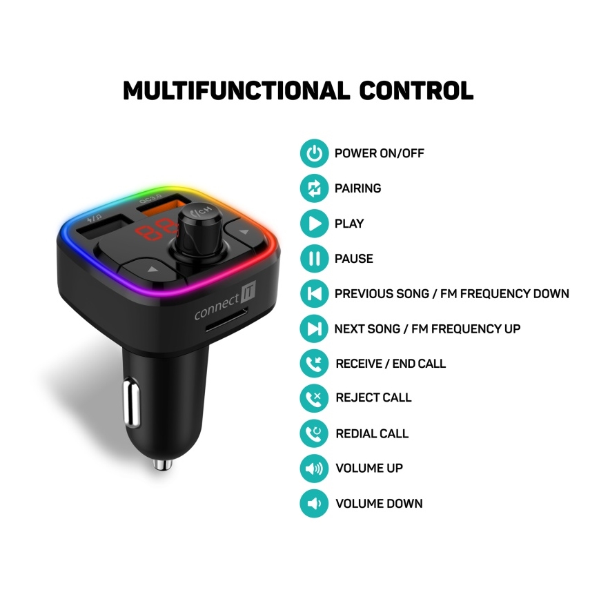 CONNECT IT CCC-9090-BK - LED RGB Πομπός αυτοκινήτου FM με λειτουργία hands-free μαύρο