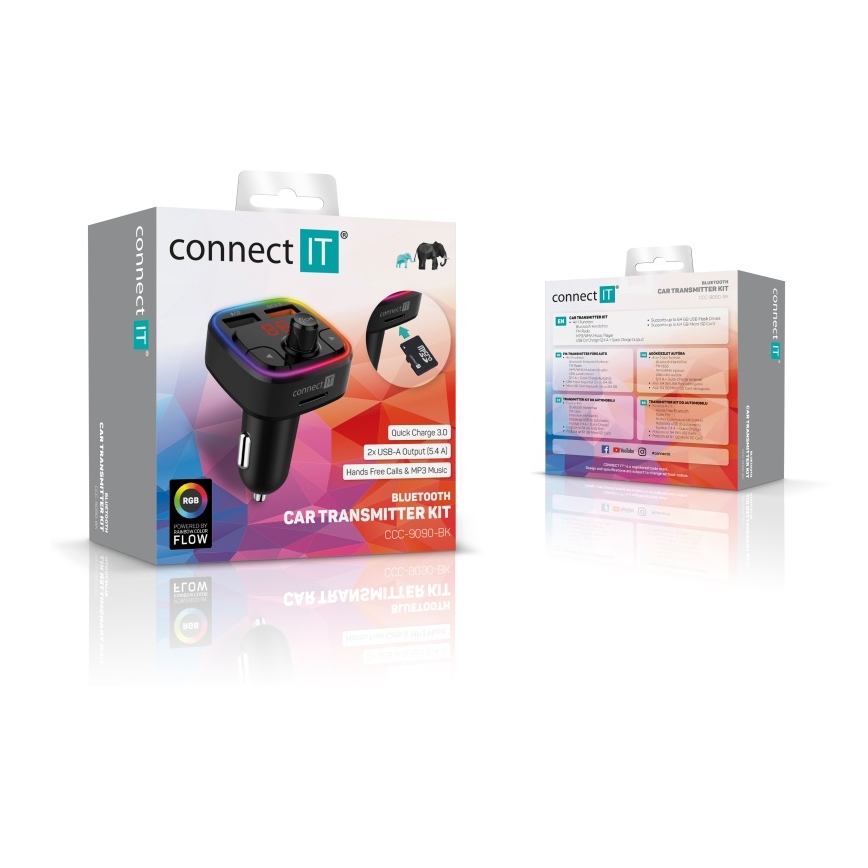 CONNECT IT CCC-9090-BK - LED RGB Πομπός αυτοκινήτου FM με λειτουργία hands-free μαύρο