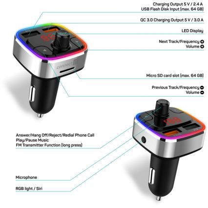 CONNECT IT CCC-9090-SL - LED RGB Πομπός αυτοκινήτου FM με λειτουργία hands-free μαύρο/ασημί