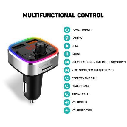 CONNECT IT CCC-9090-SL - LED RGB Πομπός αυτοκινήτου FM με λειτουργία hands-free μαύρο/ασημί