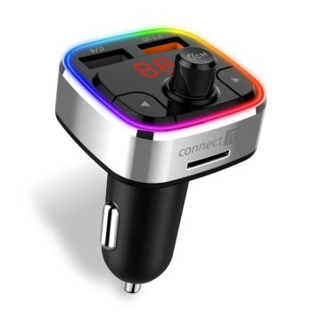 CONNECT IT CCC-9090-SL - LED RGB Πομπός αυτοκινήτου FM με λειτουργία hands-free μαύρο/ασημί