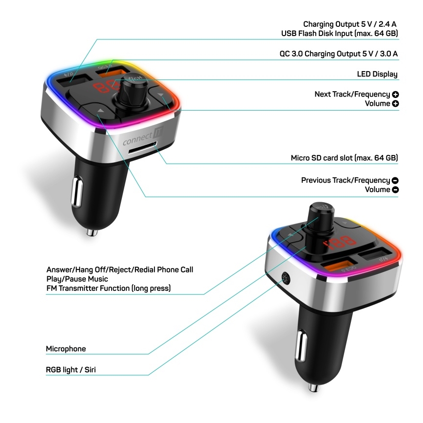 CONNECT IT CCC-9090-SL - LED RGB Πομπός αυτοκινήτου FM με λειτουργία hands-free μαύρο/ασημί