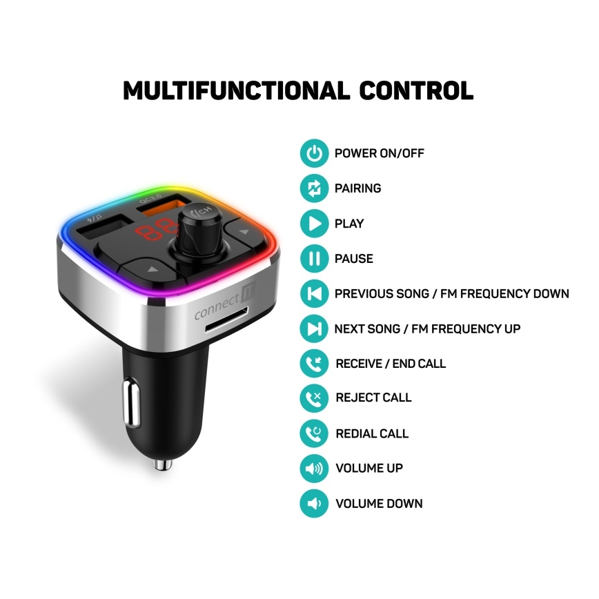 CONNECT IT CCC-9090-SL - LED RGB Πομπός αυτοκινήτου FM με λειτουργία hands-free μαύρο/ασημί