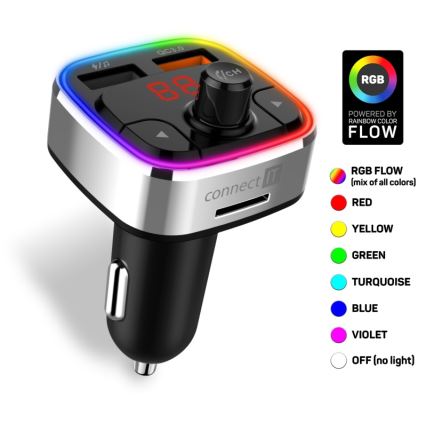 CONNECT IT CCC-9090-SL - LED RGB Πομπός αυτοκινήτου FM με λειτουργία hands-free μαύρο/ασημί