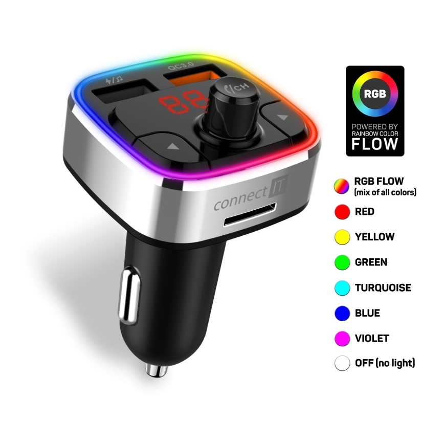 CONNECT IT CCC-9090-SL - LED RGB Πομπός αυτοκινήτου FM με λειτουργία hands-free μαύρο/ασημί