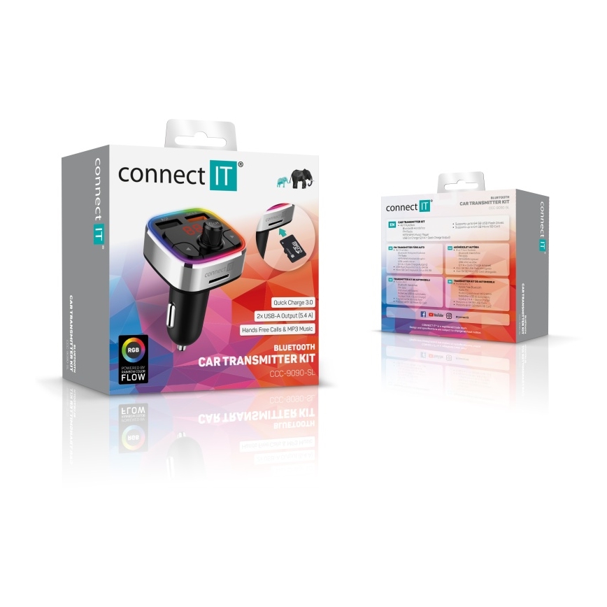 CONNECT IT CCC-9090-SL - LED RGB Πομπός αυτοκινήτου FM με λειτουργία hands-free μαύρο/ασημί
