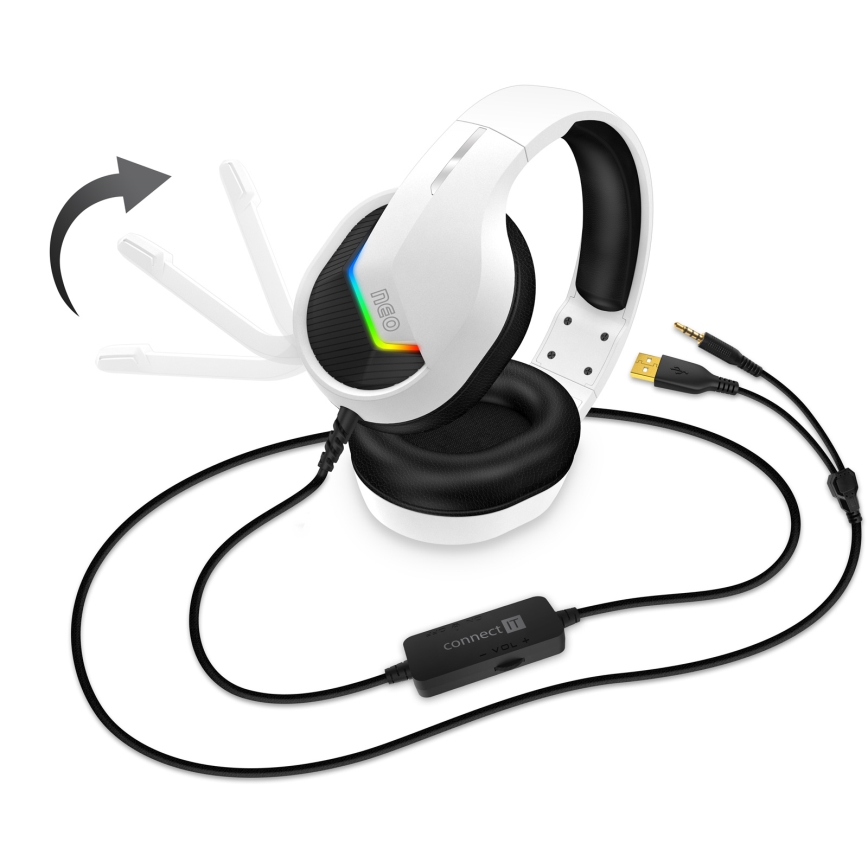 CONNECT IT CHP-3595-WH - LED RGB Ενσύρματα ακουστικά για gaming με μικρόφωνο λευκό/μαύρο