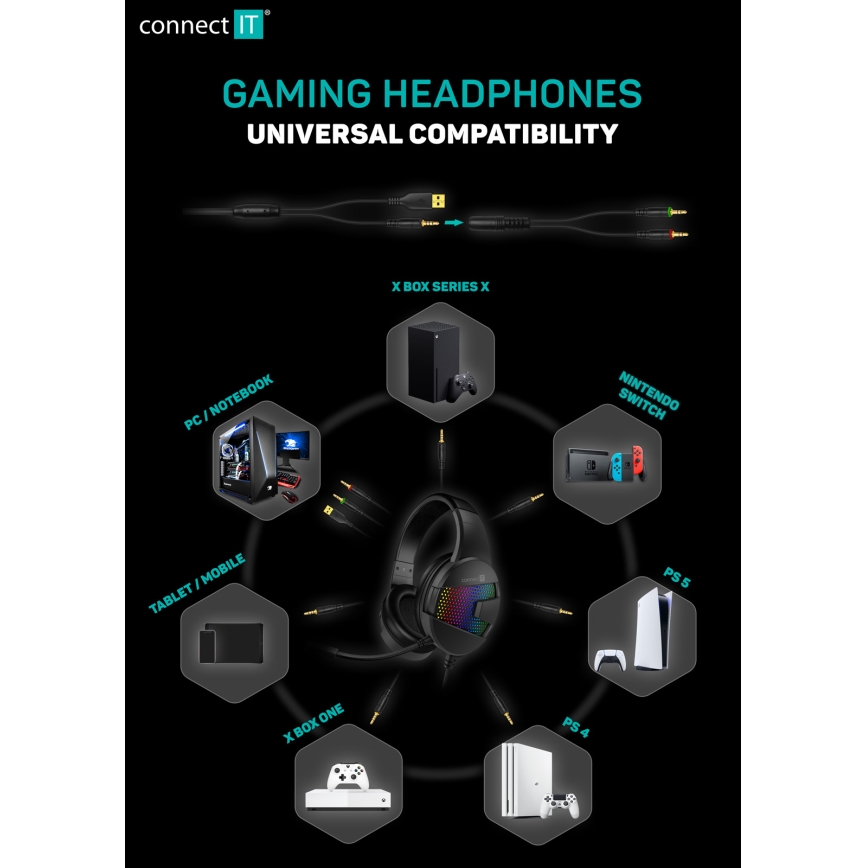 CONNECT IT CHP-3595-WH - LED RGB Ενσύρματα ακουστικά για gaming με μικρόφωνο λευκό/μαύρο