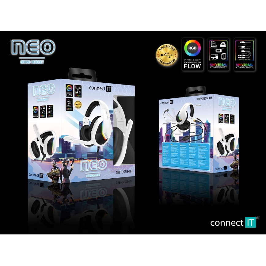 CONNECT IT CHP-3595-WH - LED RGB Ενσύρματα ακουστικά για gaming με μικρόφωνο λευκό/μαύρο