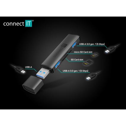CONNECT IT CHU-4060-AN - Διανομέας USB-A με αναγνώστη καρτών μνήμης 4 σε 1