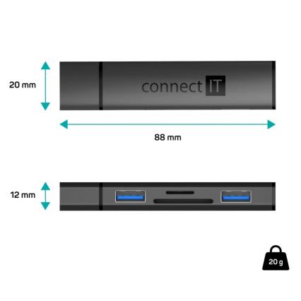 CONNECT IT CHU-4060-AN - Διανομέας USB-A με αναγνώστη καρτών μνήμης 4 σε 1