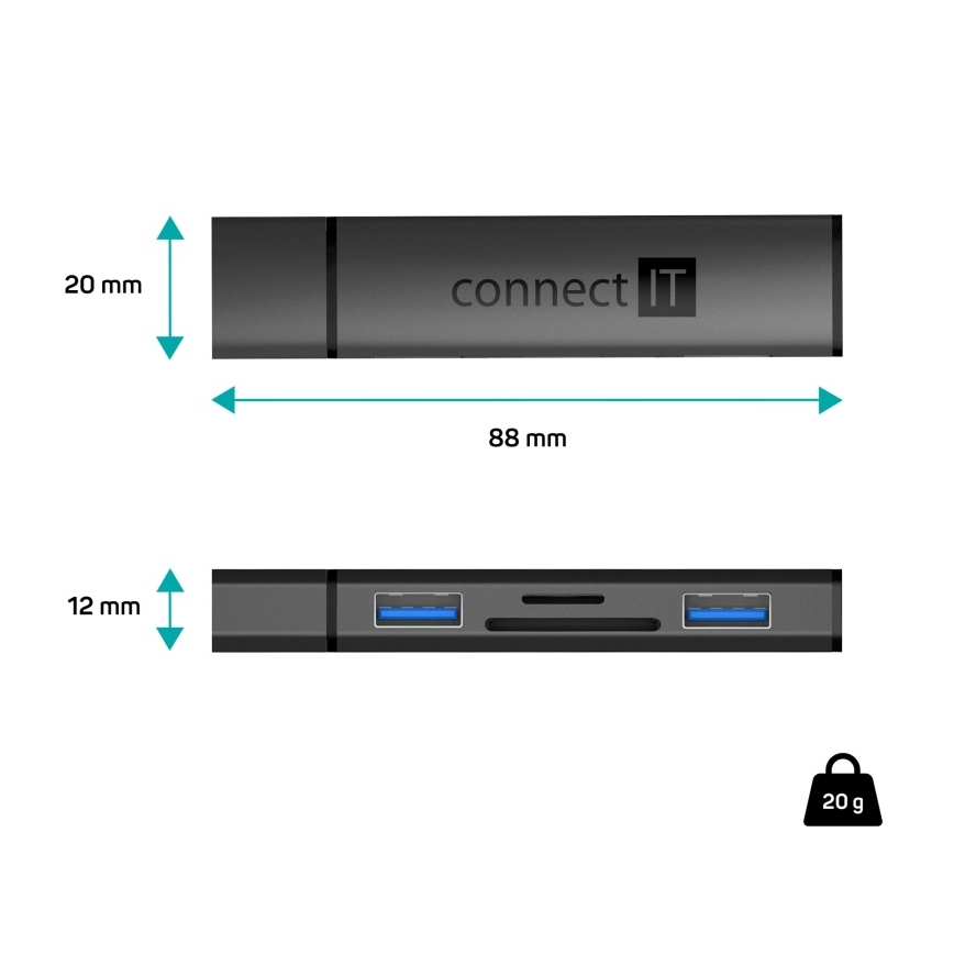 CONNECT IT CHU-4060-AN - Διανομέας USB-A με αναγνώστη καρτών μνήμης 4 σε 1