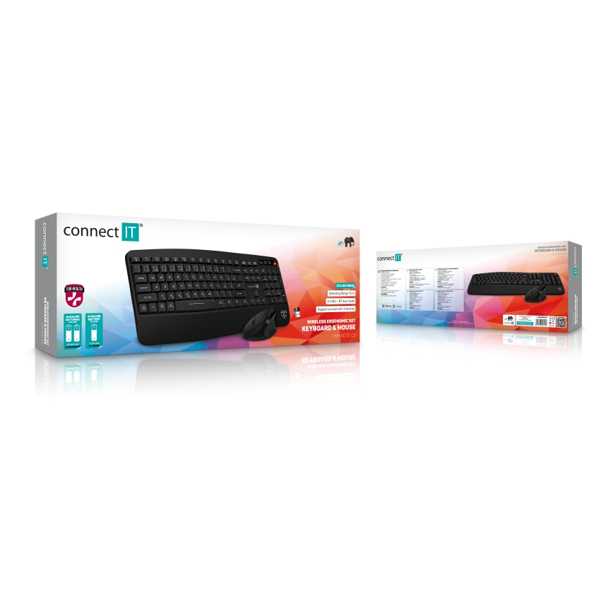 CONNECT IT CKM-6010-CS - Εργονομικό ασύρματο πληκτρολόγιο και ποντίκι 800/1200/1600/2400 DPI με τοπική προσαρμογή CZ/SK 1xAA + 2xAAA μαύρο