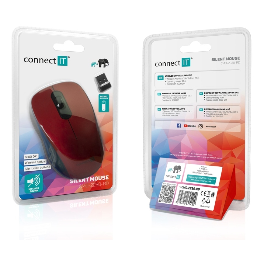 CONNECT IT CMO-2230-RD - Ασύρματο αθόρυβο ποντίκι MUTE 1200 DPI 1xAA μαύρο/κόκκινο
