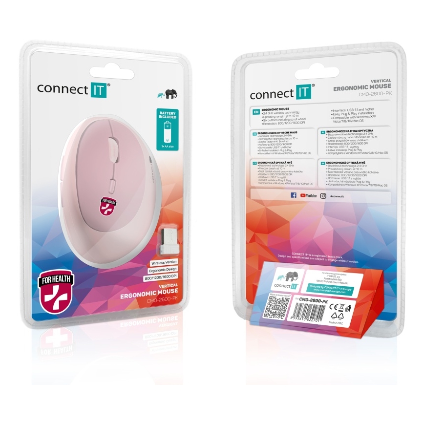 CONNECT IT CMO-2600-PK - Εργονομικό ασύρματο ποντίκι 800/1200/1600 DPI, 1x AA, ροζ