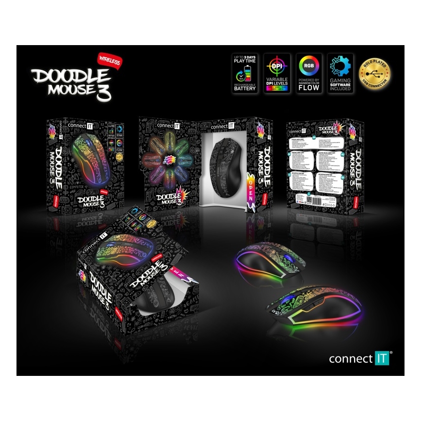 CONNECT IT CMO-3530-DD - LED RGB Ασύρματα επαναφορτιζόμενο gaming mouse 800/1200/1600/2400/4800 DPI 600 mAh μαύρο