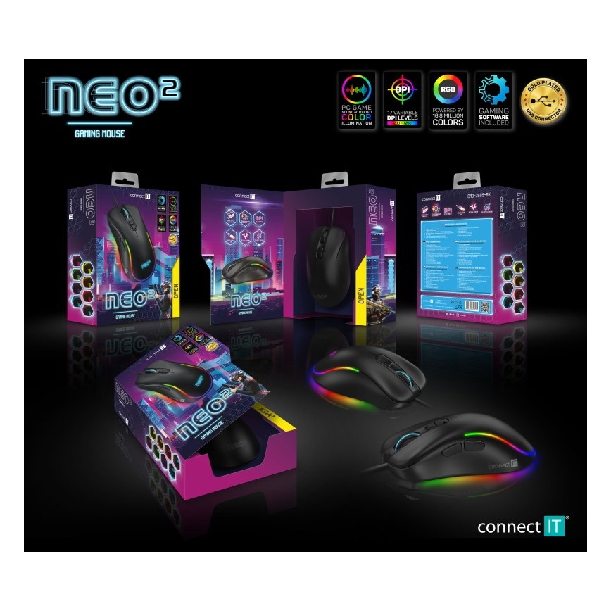 CONNECT IT CMO-3589-BK - LED RGB Ενσύρματο ποντίκι gaming 200-7200 DPI μαύρο