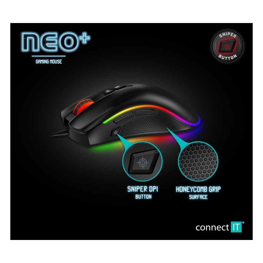 CONNECT IT CMO-3591-BK - LED RGB Ενσύρματο ποντίκι gaming 500-7200 DPI μαύρο