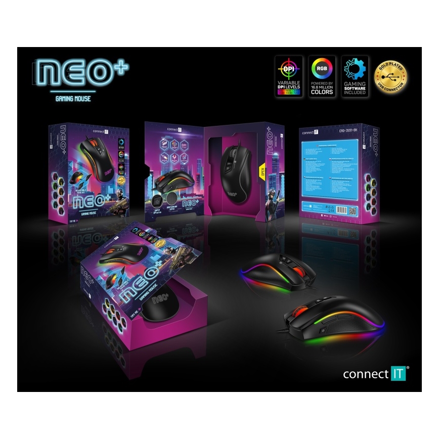 CONNECT IT CMO-3591-BK - Ενσύρματο RGB LED gaming ποντίκι 500-7200 DPI μαύρο