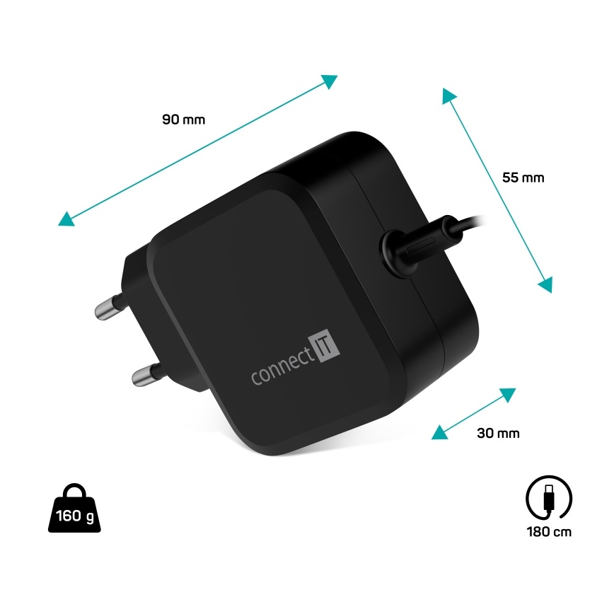 CONNECT IT CNP-1660-BK - Universal τροφοδοτικό προσαρμογέα για φορητούς υπολογιστές USB-C 67W