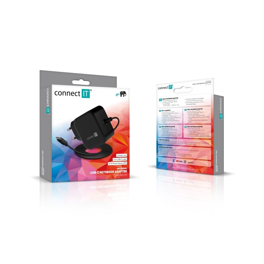CONNECT IT CNP-1660-BK - Universal τροφοδοτικό προσαρμογέα για φορητούς υπολογιστές USB-C 67W