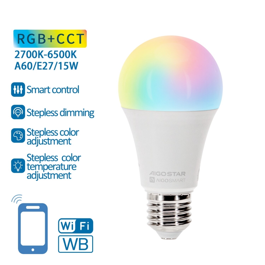 Λάμπα LED RGBW Dimmable A60 E27/15W/230V 2700-6500K Wi-Fi - Aigostar
