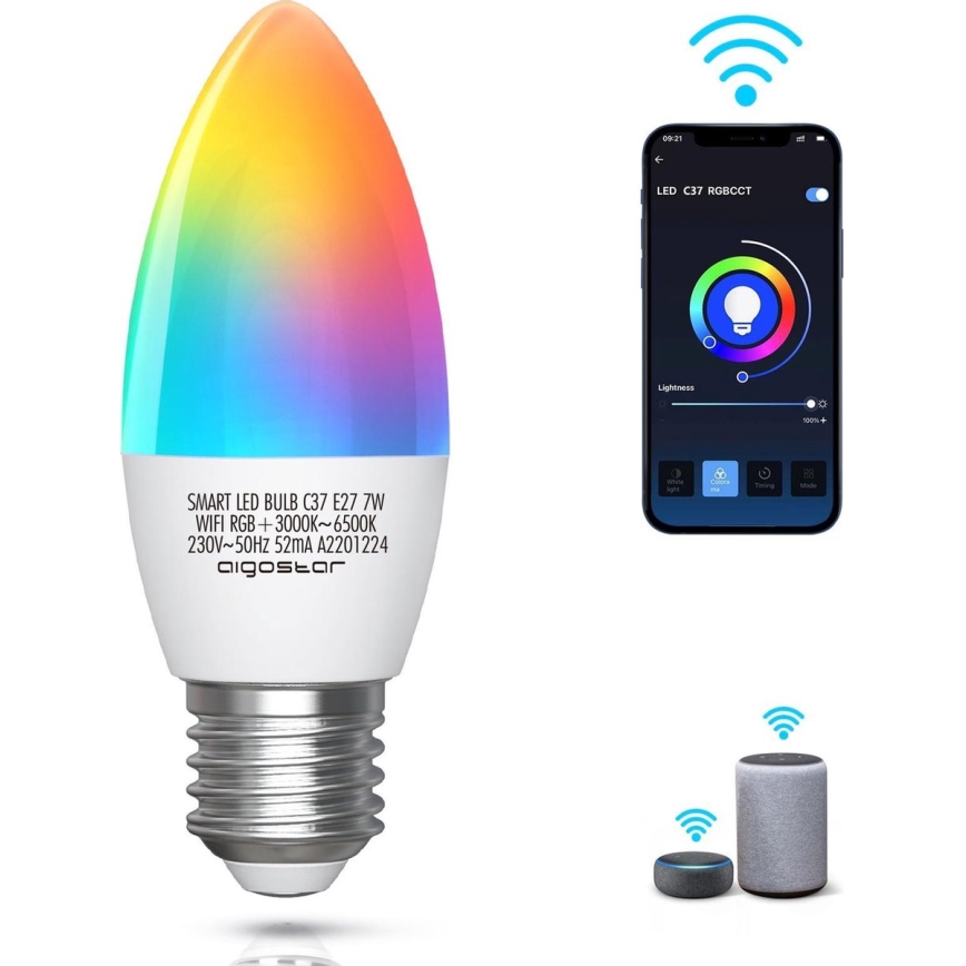 Λάμπα LED RGBW Dimmable C37 E27/7W/230V 3000-6500K Wi-Fi - Aigostar