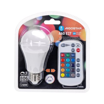 Λάμπα LED RGBW Dimmable E27/8W/230V 3000K + τηλεχειριστήριο - Aigostar