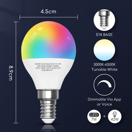 Λάμπα LED RGBW Dimmable G45 E14/7W/230V 3000-6500K Wi-Fi - Aigostar