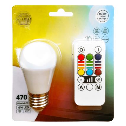 Λάμπα LED RGBW Dimmable E27/6W/230V 3000K + τηλεχειριστήριο - Globo